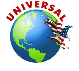 Globe with North America highlighted, a red, white, and blue eagle, and the word