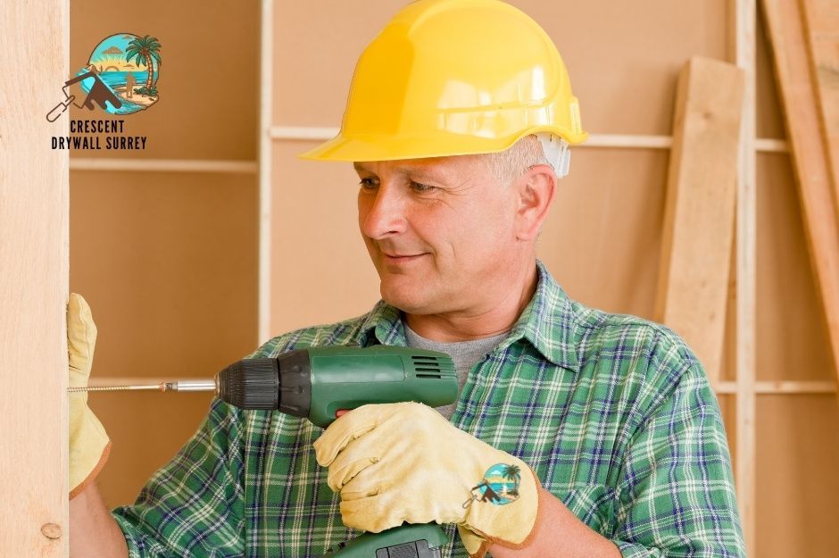 A drywall repair company professional wearing a yellow hard hat and a green plaid shirt holds a power drill while working on a commercial construction project with wooden framing visible in the background near Larch St, and W 5th Ave, Vancouver, BC.