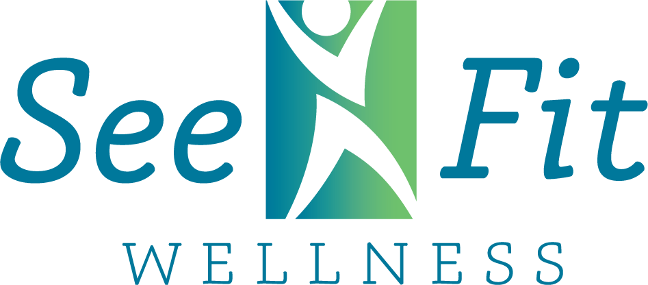 The logo for see fit wellness has a blue and green silhouette of a person.