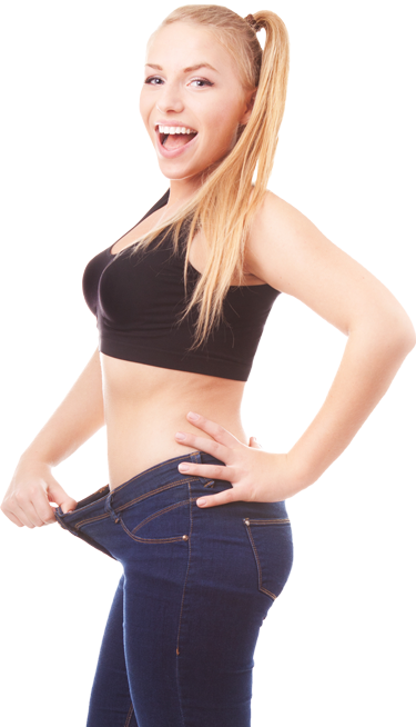 A woman in a black top and blue jeans is standing with her hands on her hips.