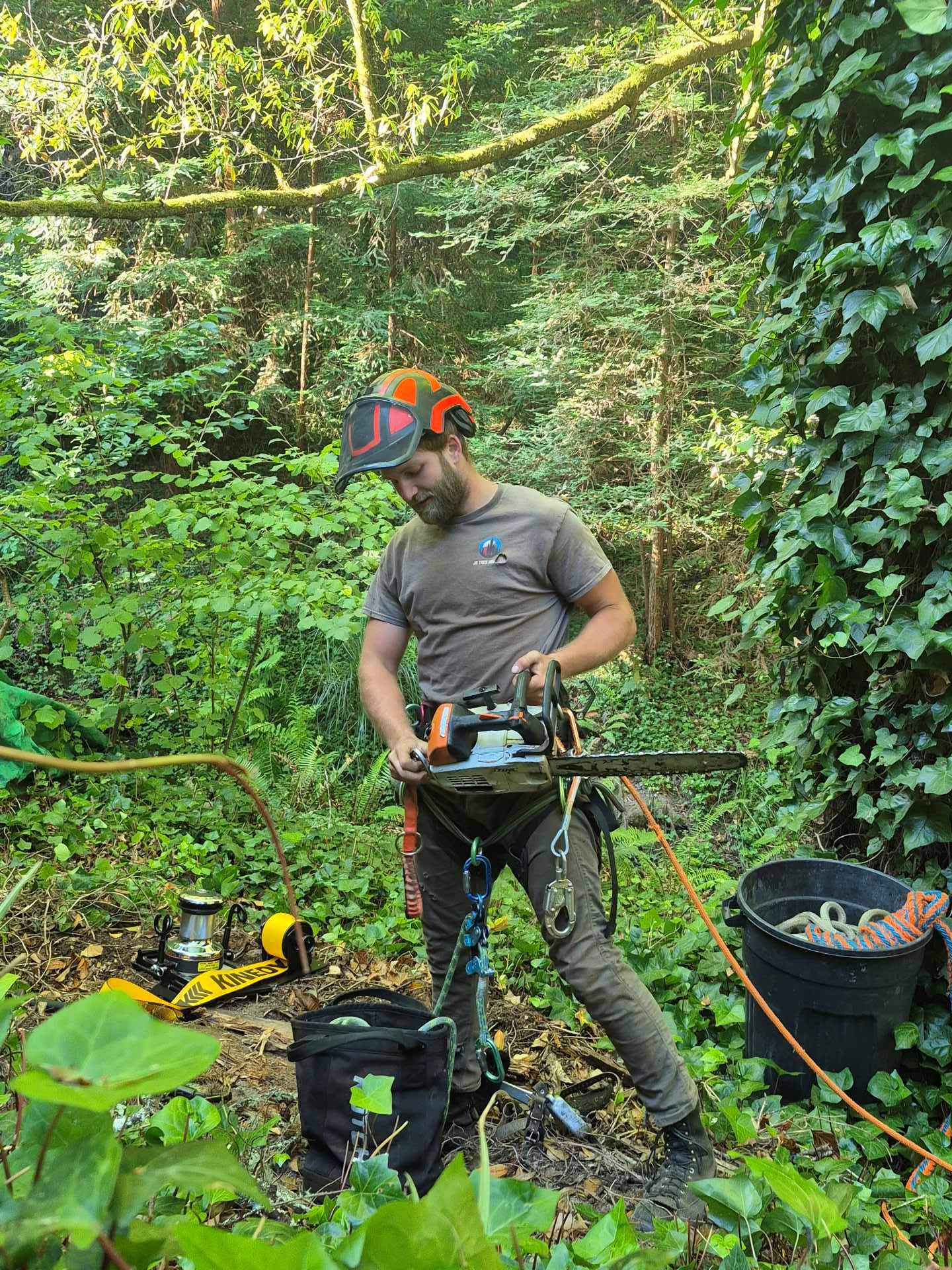 Person in helmet and safety glasses using a chainsaw in a dense forest beside cut logs and gear