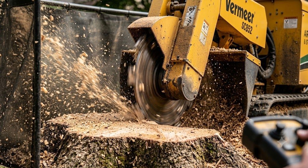 Yellow stump grinder cutting wood, throwing sawdust outdoors
