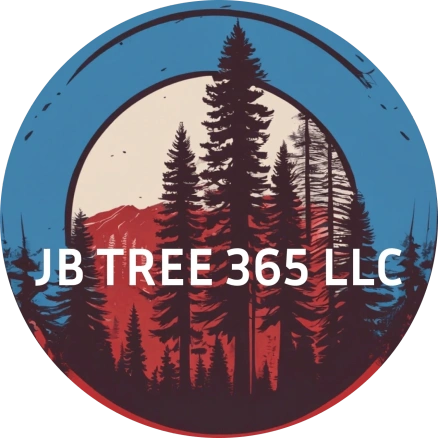 Logo for JB Tree 365 LLC with pine trees in a blue and red circular design