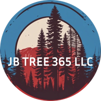 Logo for JB Tree 365 LLC with pine trees in a blue and red circular design