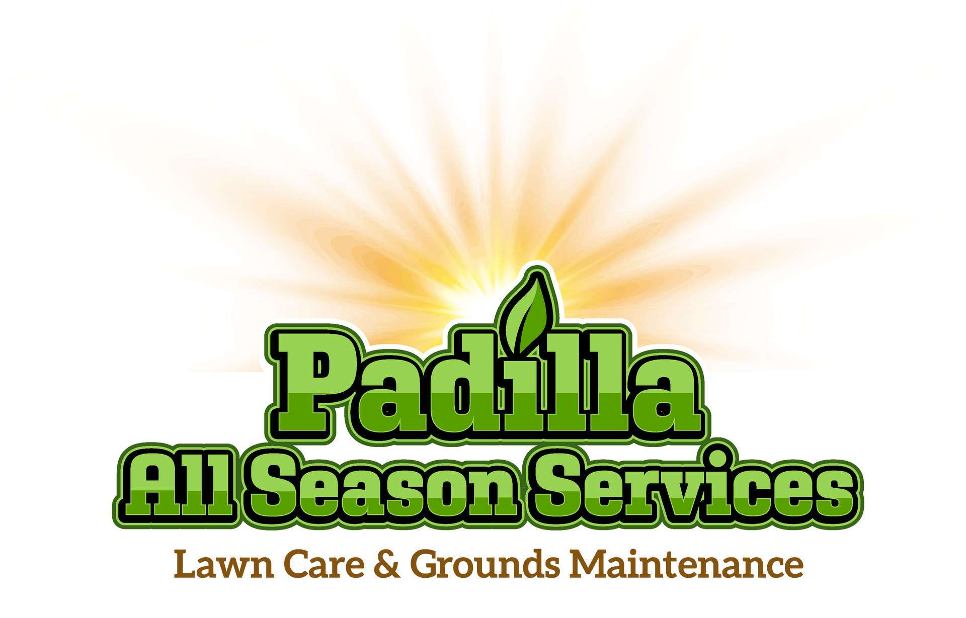 Logo for Padilla All Season Services with green text, a leaf icon, and a sunburst background.