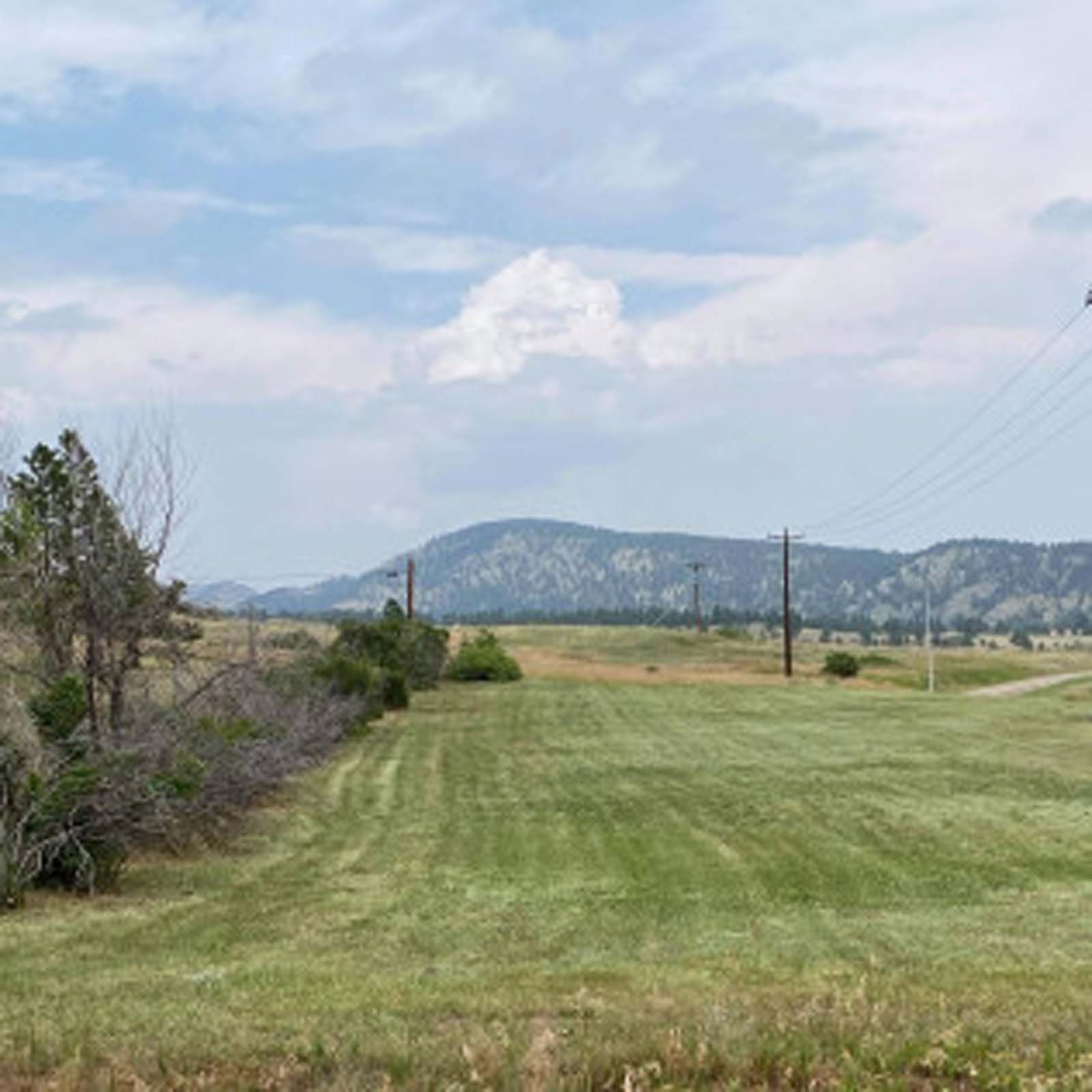 A rural landscape featuring a mown grassy field leading toward a distant mountain range under a cloudy sky.