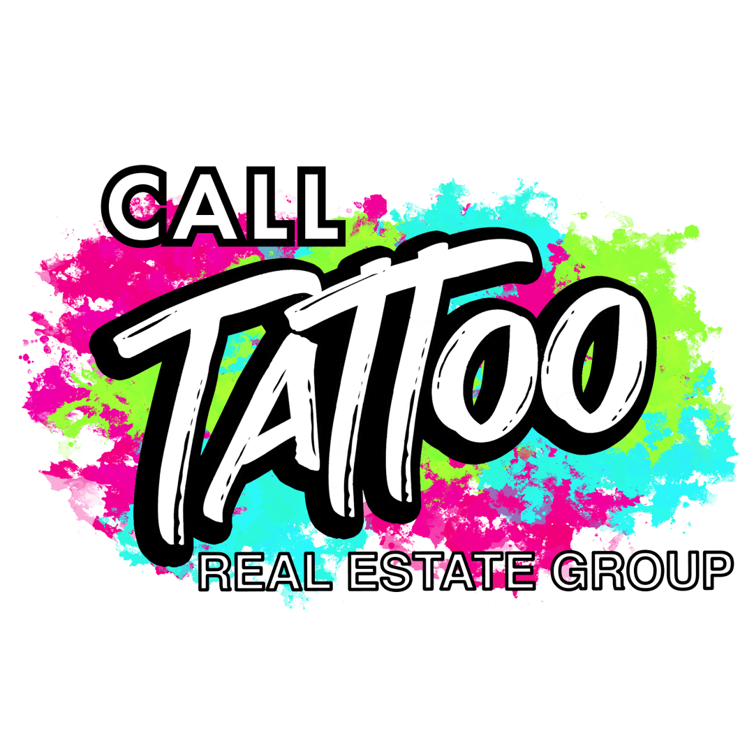 Colorful “Call Tattoo Real Estate Group” logo with pink, cyan, and green paint splashes