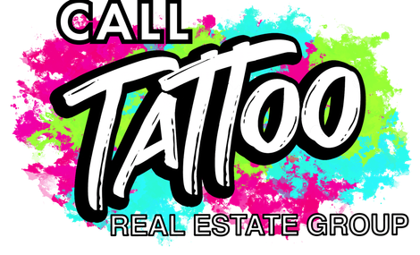 CALL Tattoo Real Estate Group logo with black, white, pink, green, and cyan paint splashes