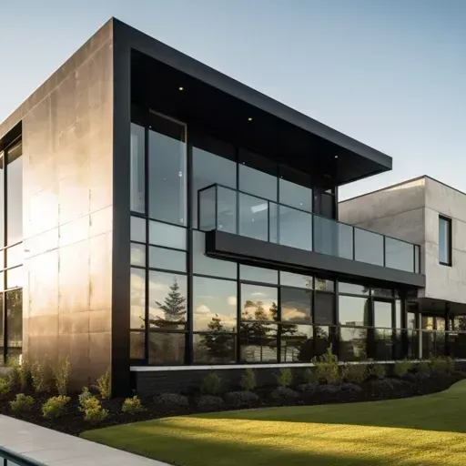 Modern two-story glass house with dark trim, balcony, and manicured lawn at sunset