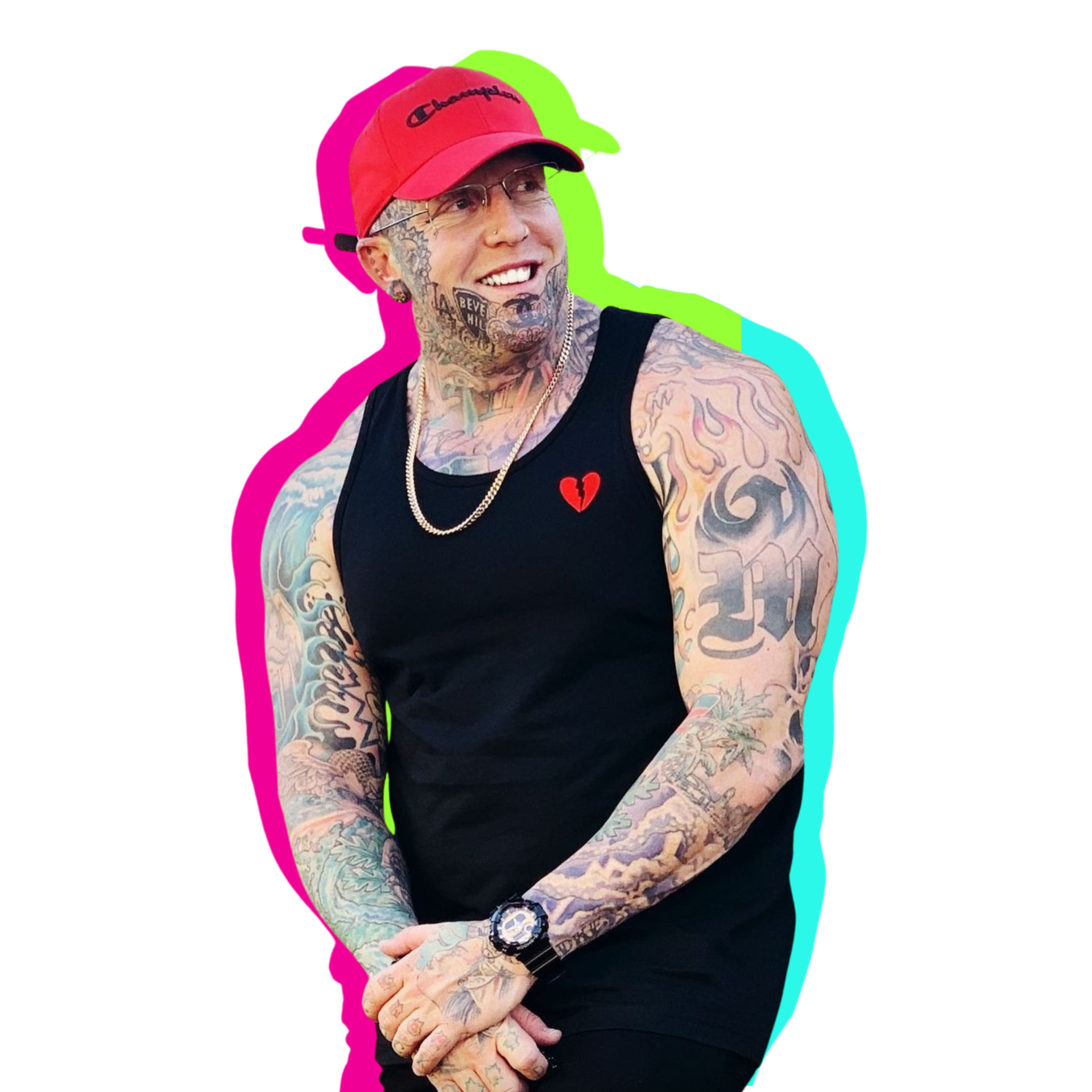 Tattooed person in a red cap and black tank top, smiling against a white background