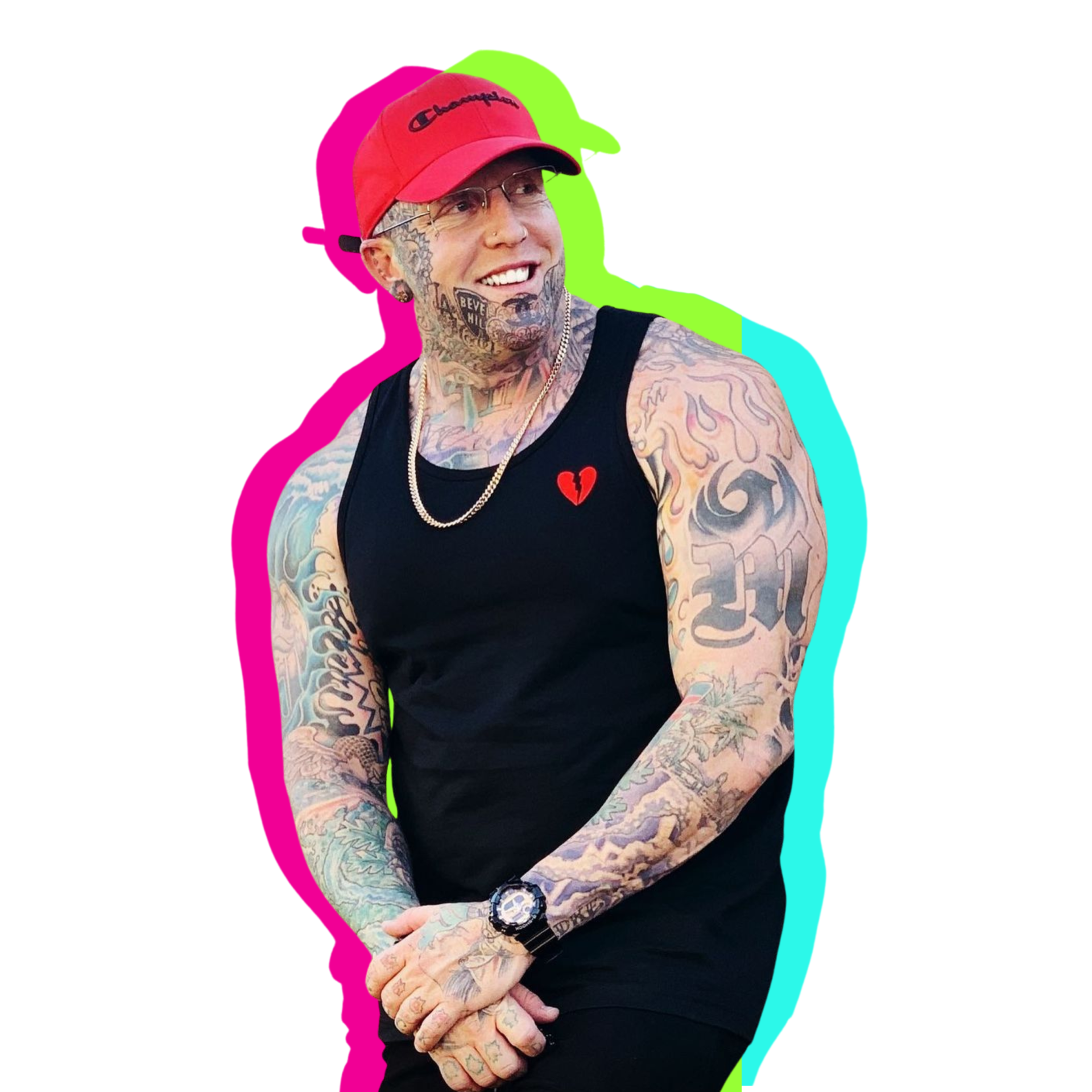Tattooed man in a red cap and black tank top, posing against a white background.