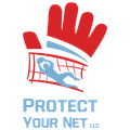 Protect Your Net LLC logo of a glove in red and goalkeeper in blue