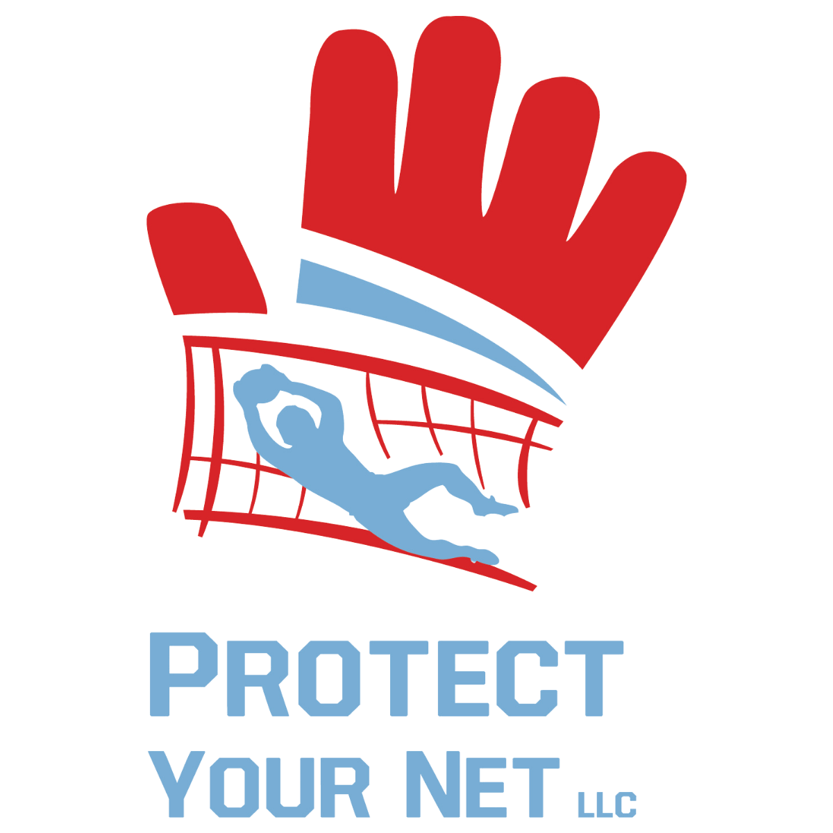 Protect Your Net LLC logo of a glove in red and goalkeeper in blue