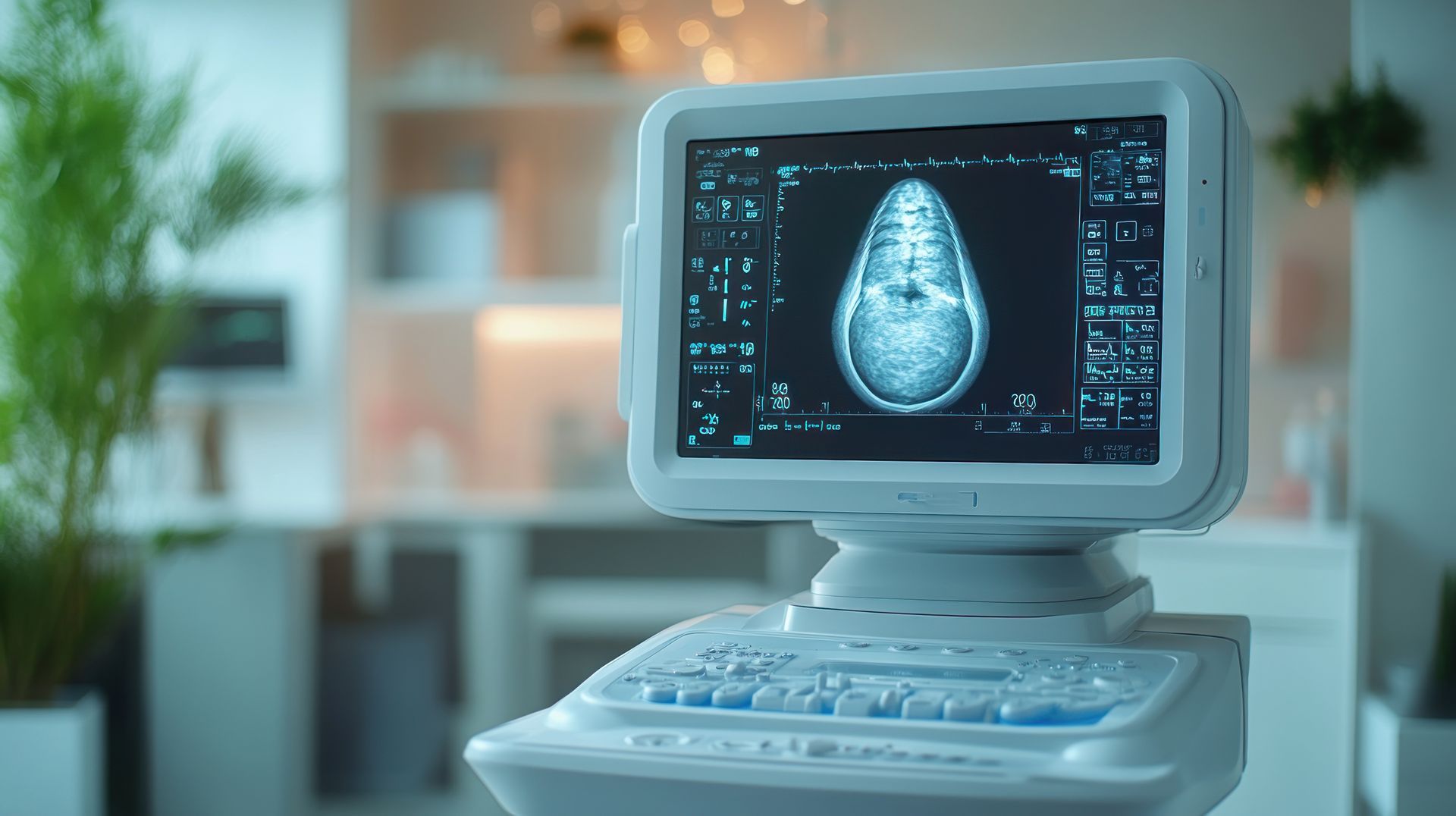 Ultrasound machine displaying a fetal image in a clinical setting.
