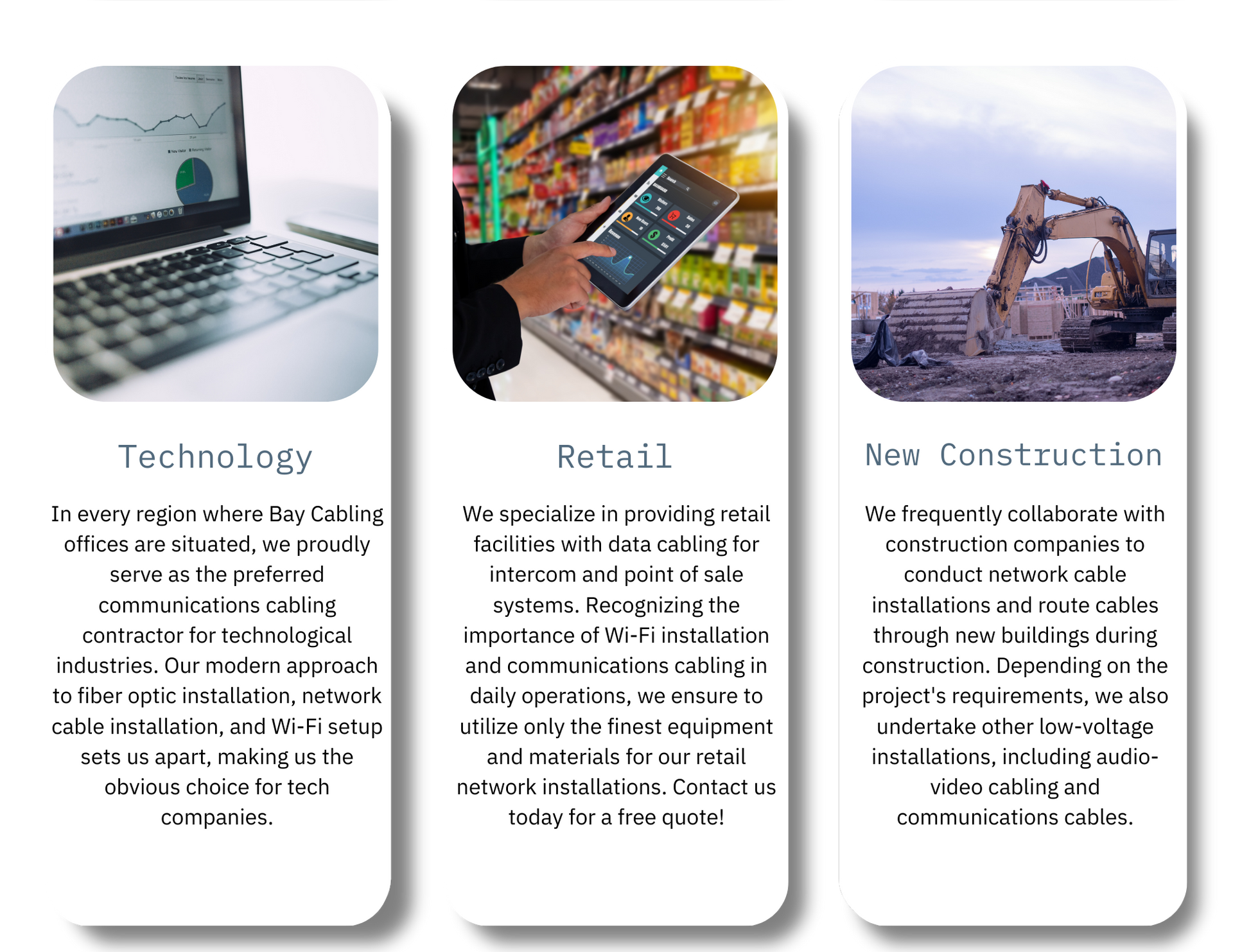 Three cards with a laptop , a calculator , and a picture of a construction site.