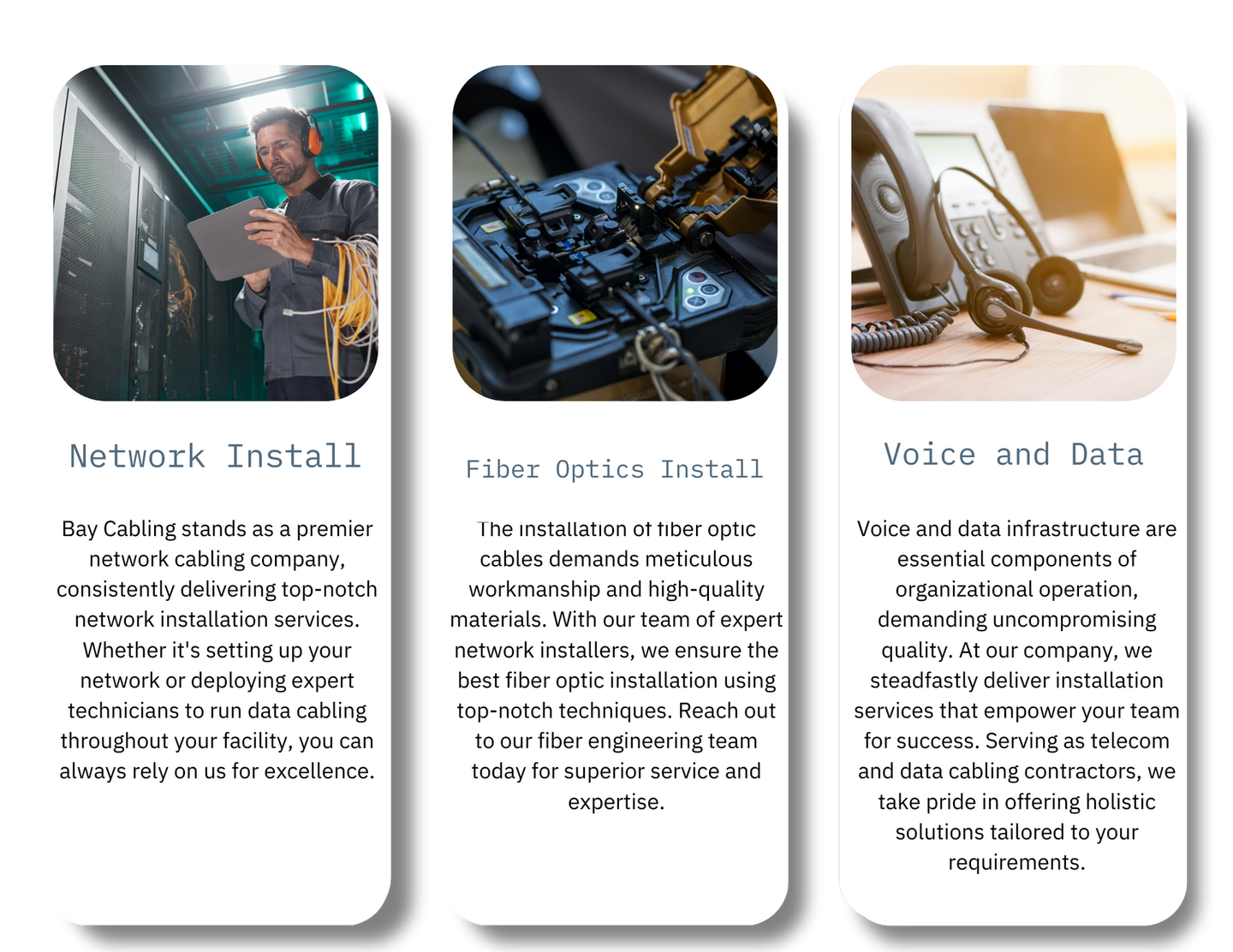 A man is working on a network install , fiber optics install , and voice and data.