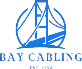 A blue and white logo for bay cabling