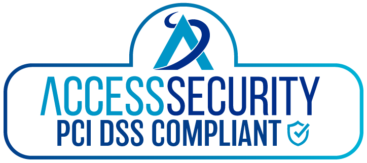 Selo de conformidade com PCI DSS do Access Security com uma marca de seleção dentro de um ícone de escudo.