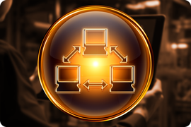 Ícone de rede com três computadores conectados por setas, brilhando em ouro.