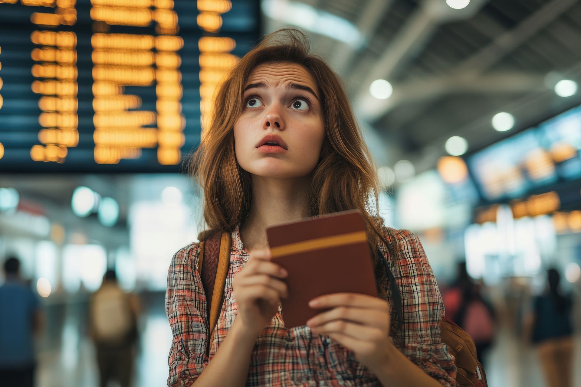 Traveler holding a passport in an airport terminal, looking up at a departures board with a concerned expression