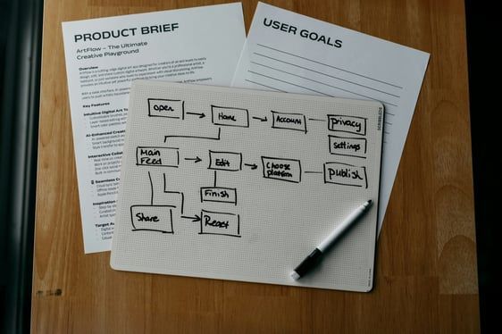 Hand-drawn user goals flowchart on white paper next to a pen and product brief on a wooden table