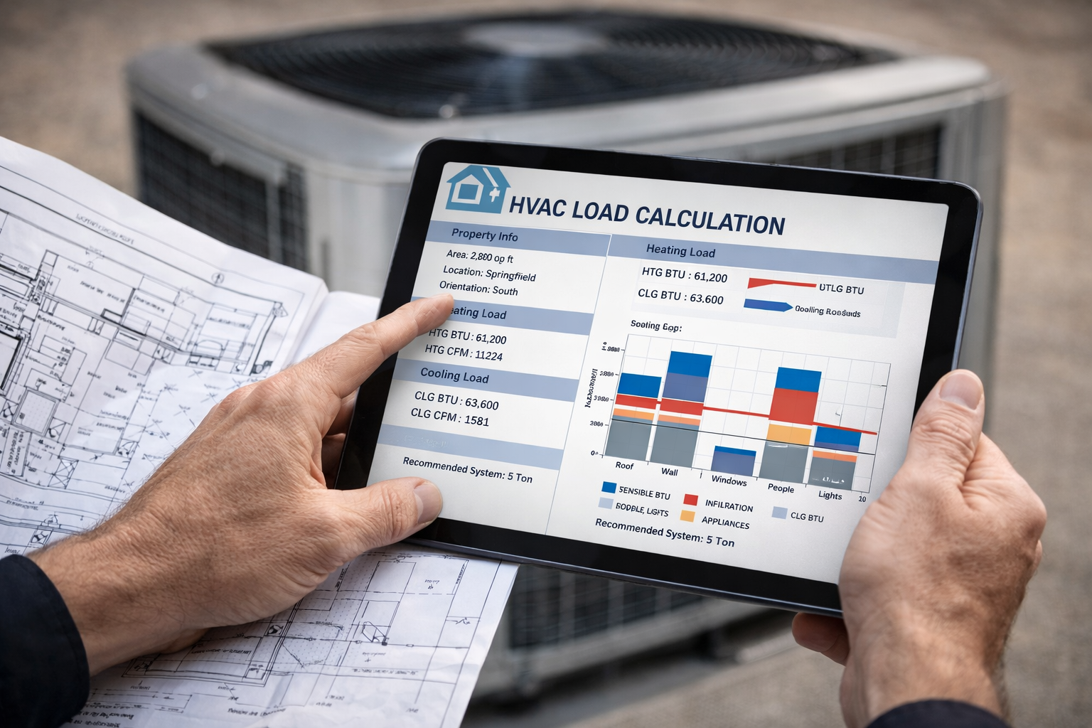 A technician holds a tablet displaying an HVAC load calculation graph and construction blueprints, with a unit outdoors.