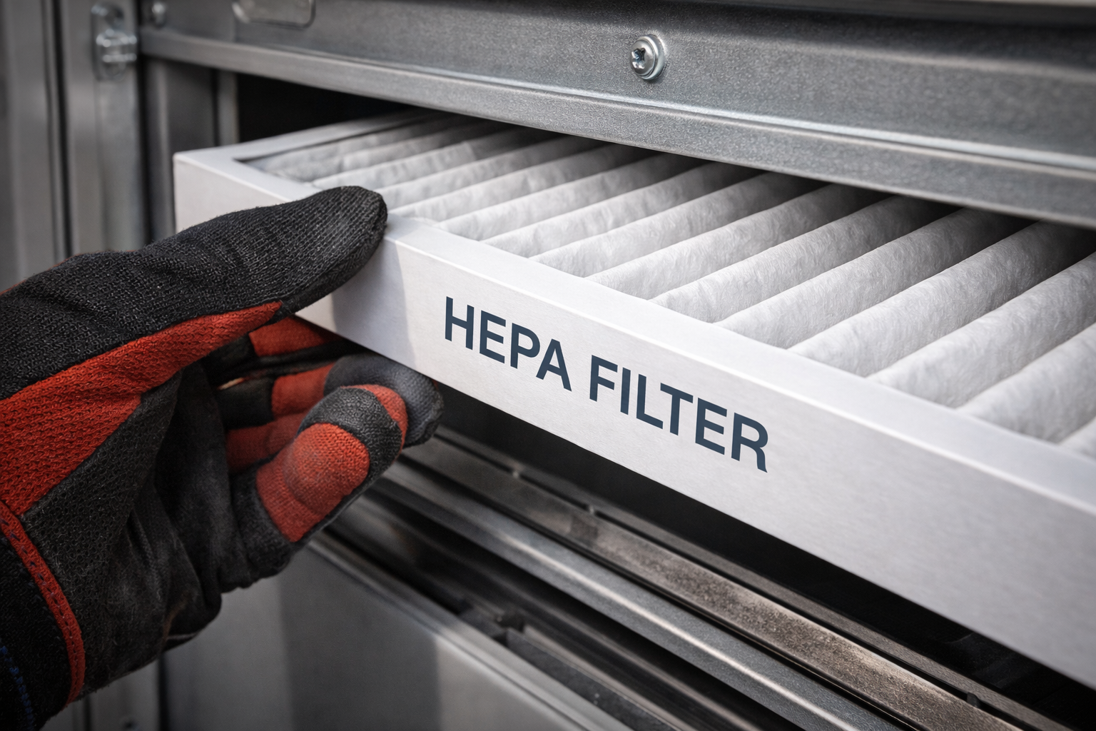 Gloved hand sliding a white HEPA air filter into a metal housing unit.