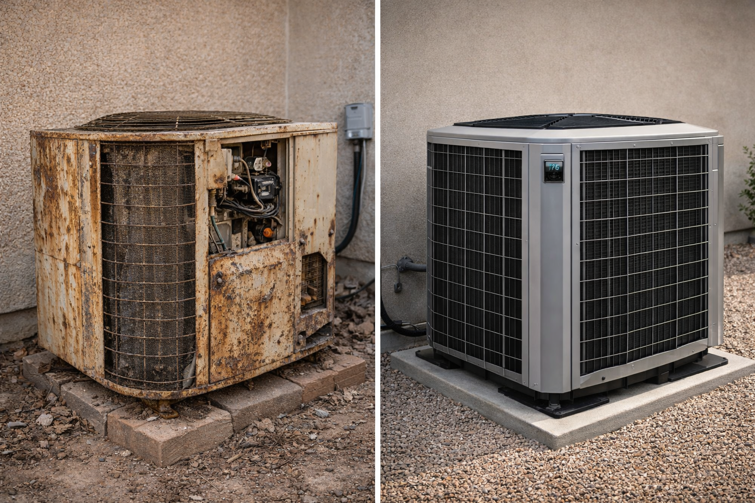 Before and after comparison of an old, rusted air conditioning unit being replaced by a new, clean gray model.
