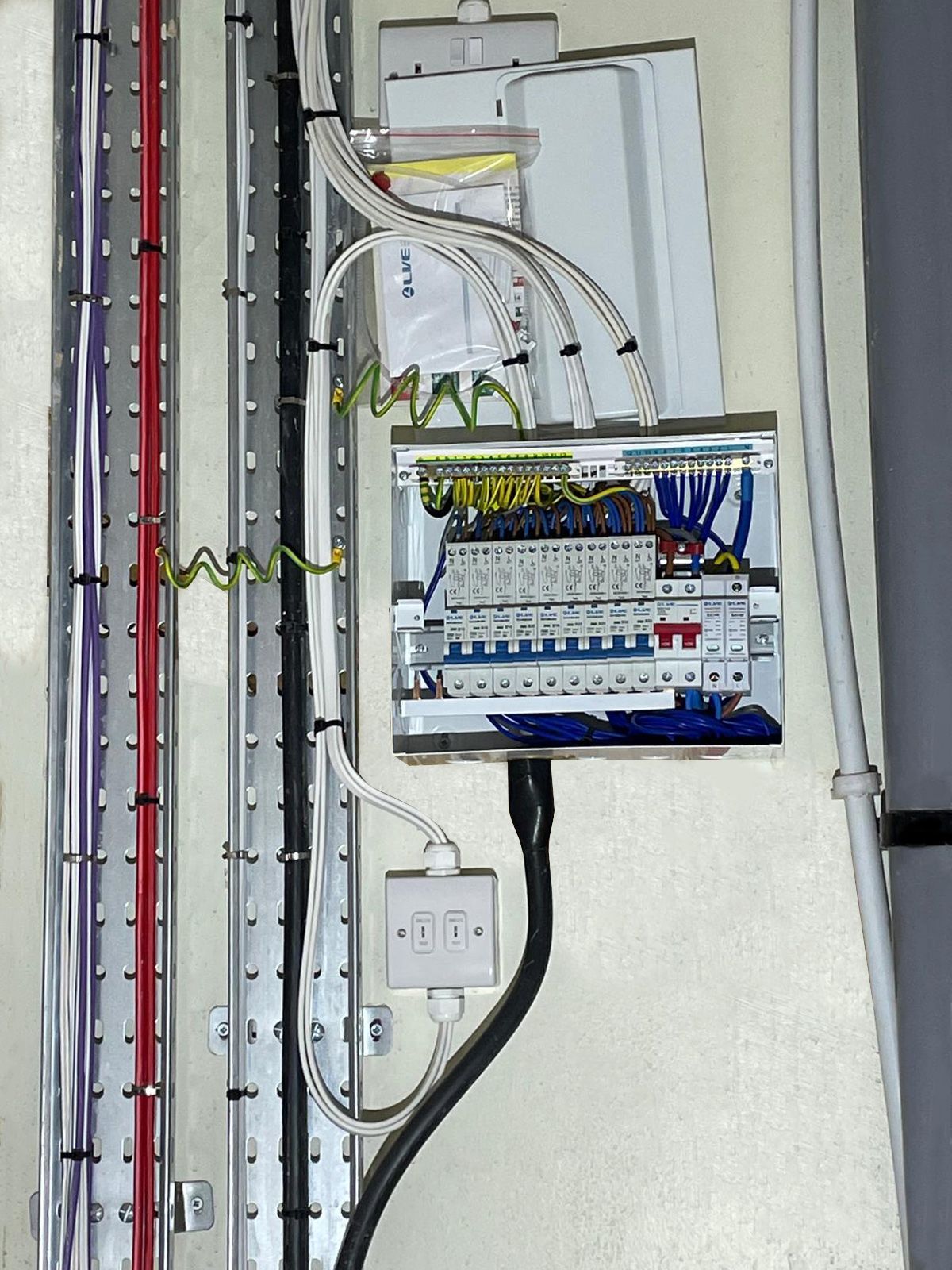 Electrical control panel with wiring, breakers, and conduit inside a utility cabinet