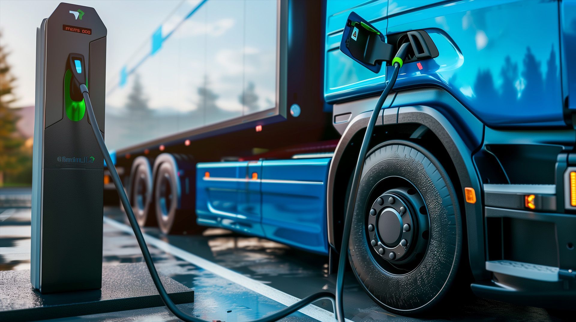 Blue electric truck charging at a station on a wet road, with cables connected to the front wheel area.