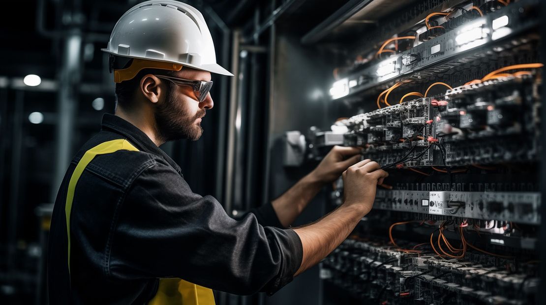 Technician in hard hat inspecting electrical control panel with tools in a dim industrial room