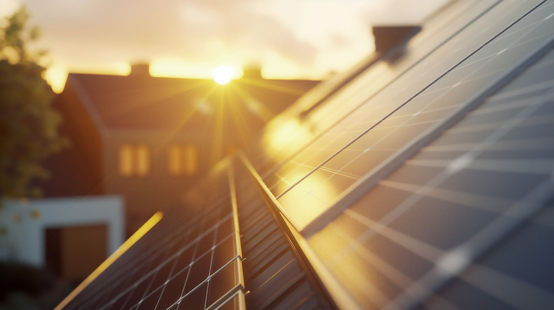 Sunset reflecting on rooftop solar panels beside a house and trees