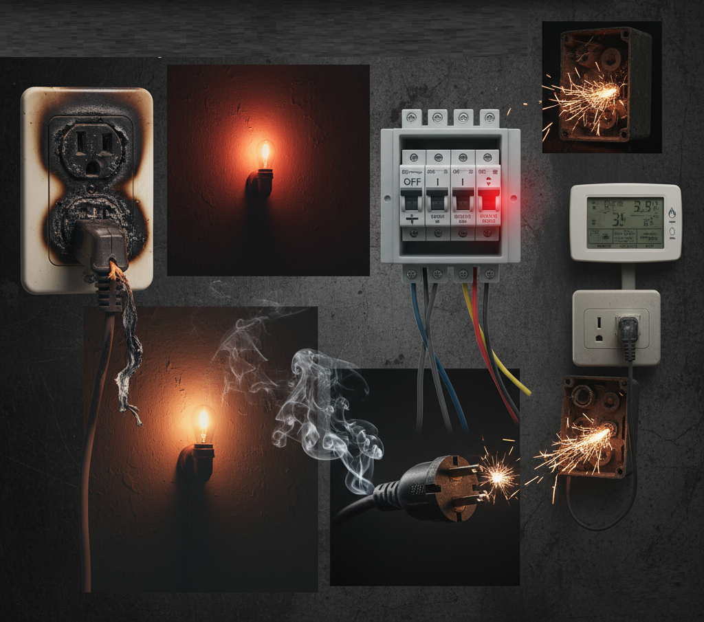 Burning outlets, sparking wires, and a tripped breaker in a dark wall panel
