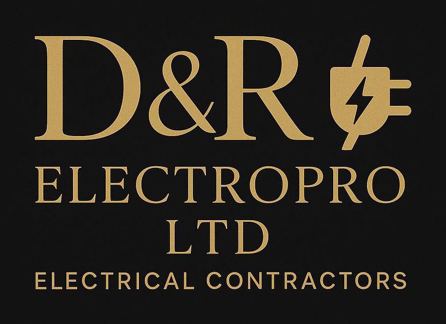 Gold D&R Electropro Ltd logo with electrical plug icon and “Electrical Contractors” on black background