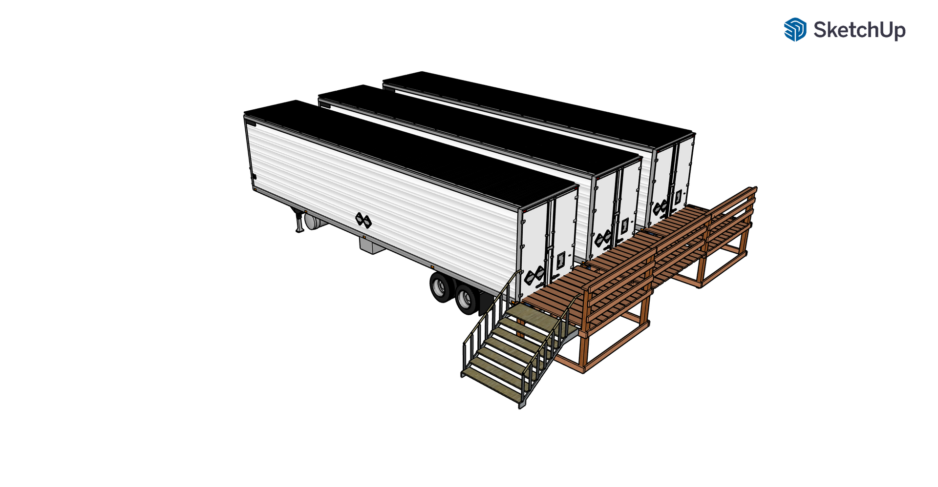 3D rendering of a modular white building with black roof and wooden stair ramp deck