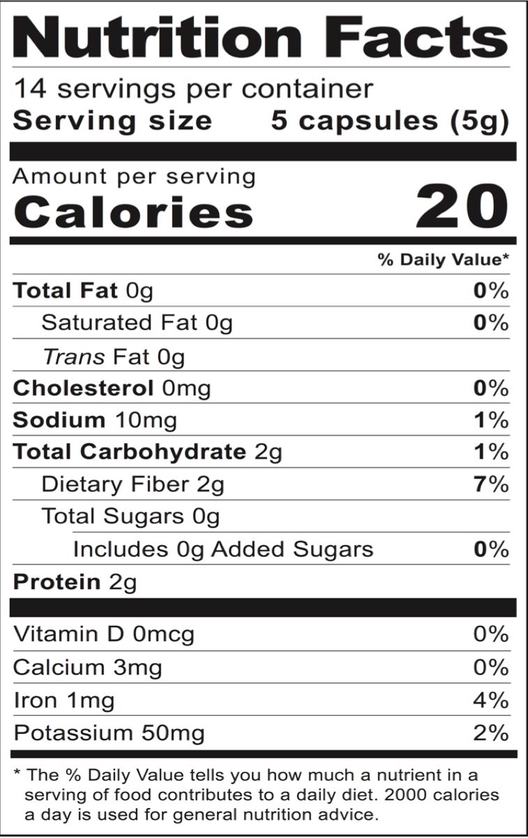 Nutrition Facts label for supplement, showing 14 servings, 5 capsules per serving, 20 calories