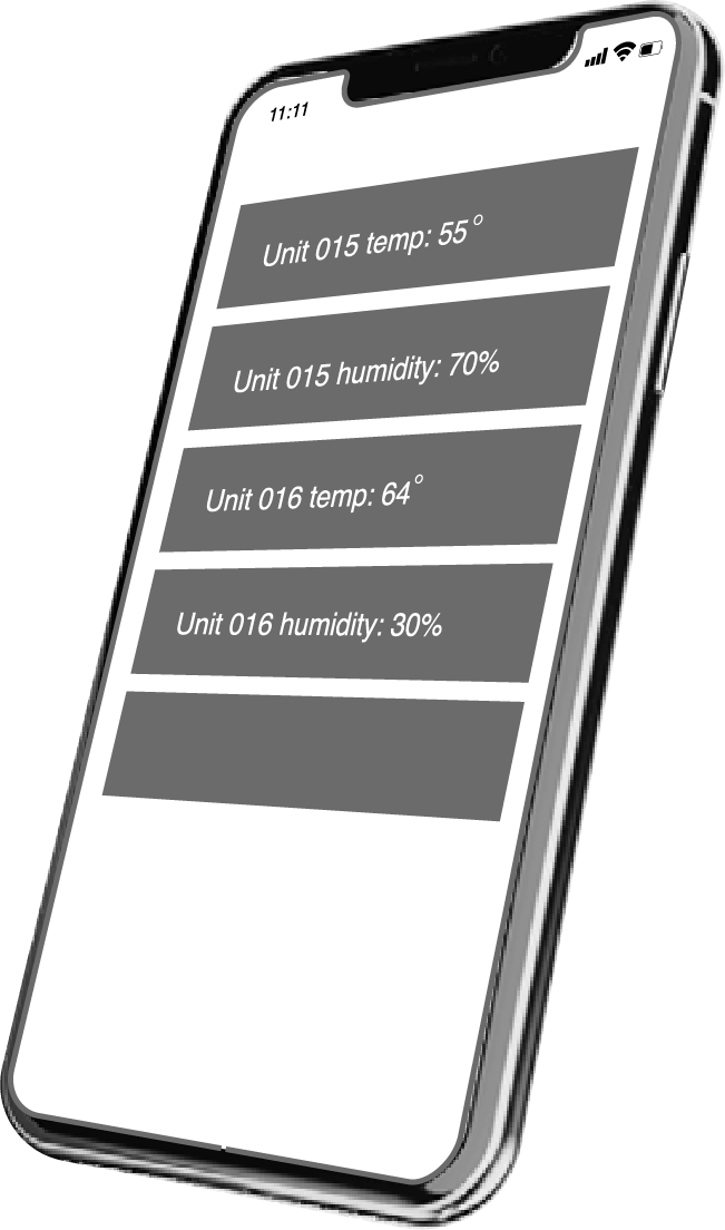 Smartphone showing a gray app screen with four stacked menu buttons