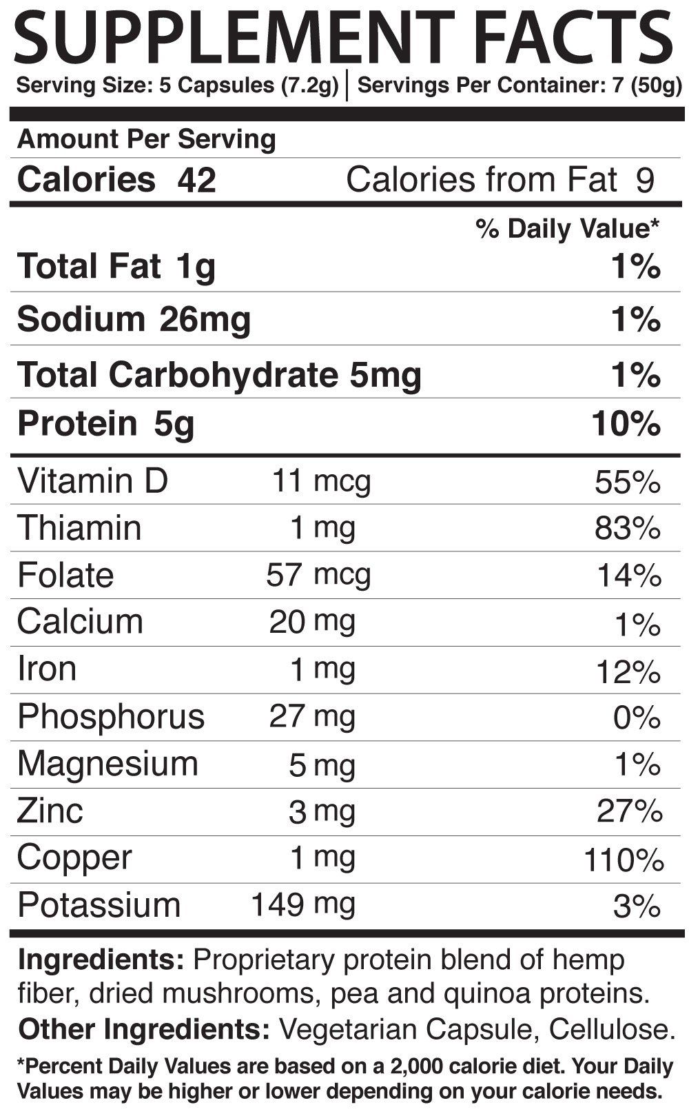 Supplement Facts panel for a dietary supplement, listing calories, nutrients, vitamins, and minerals.