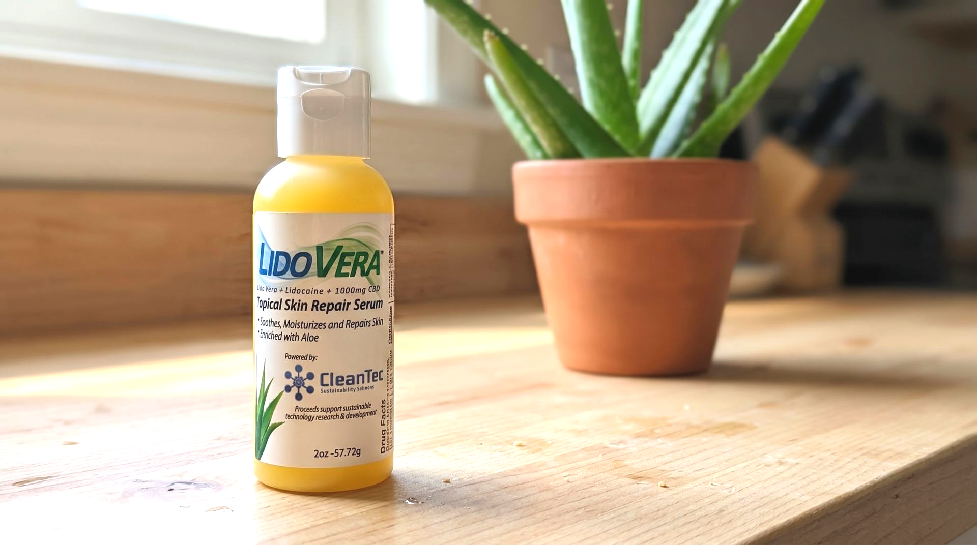 Small yellow bottle with a white cap on a wooden table beside a terracotta potted plant.