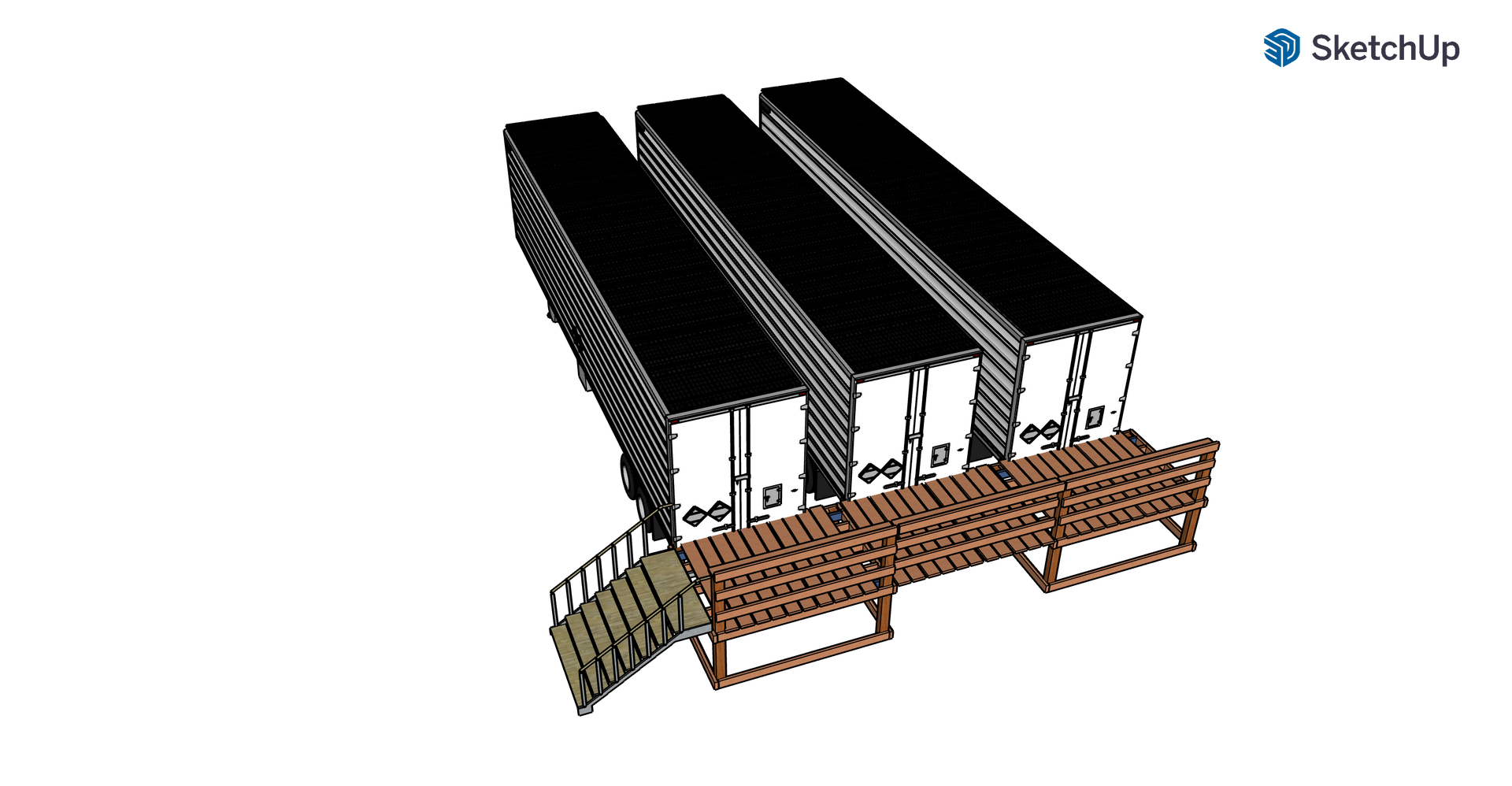 3D model of a modular building with black roofs and a brown platform, shown in SketchUp