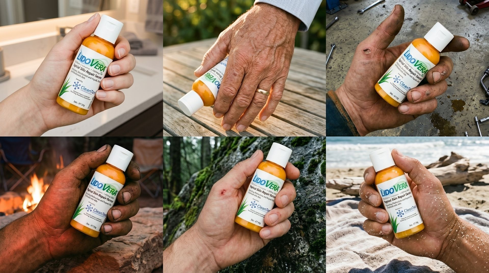 Hand holding a white sunscreen bottle in outdoor scenes, including beach and firelight settings