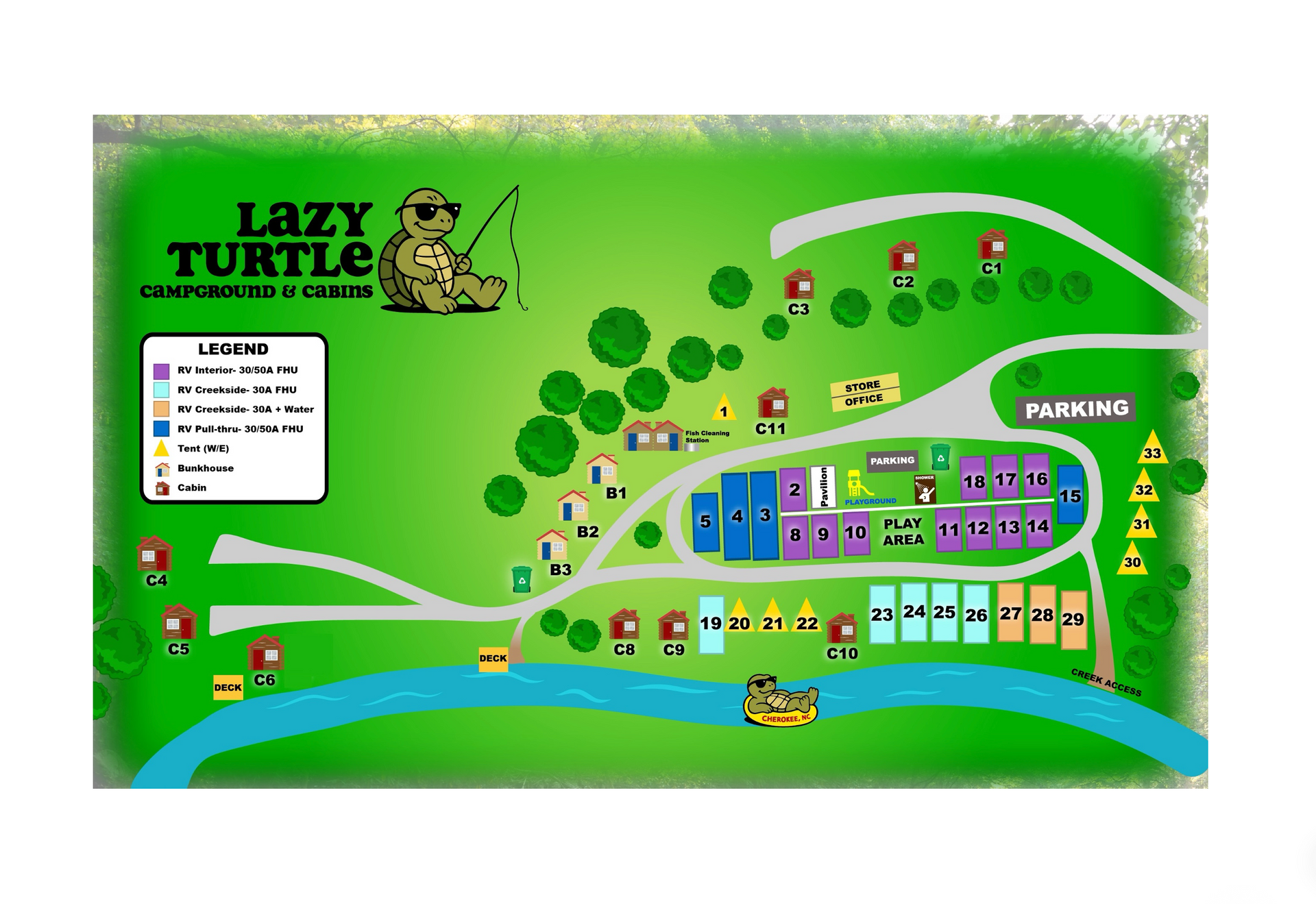 Map of Lazy Turtle Campground & Cabins, with campsites, cabins, and a river.