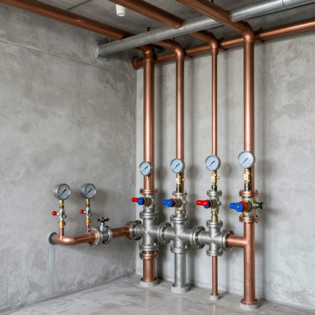 Plumbing manifold with copper pipes and pressure gauges against a concrete wall