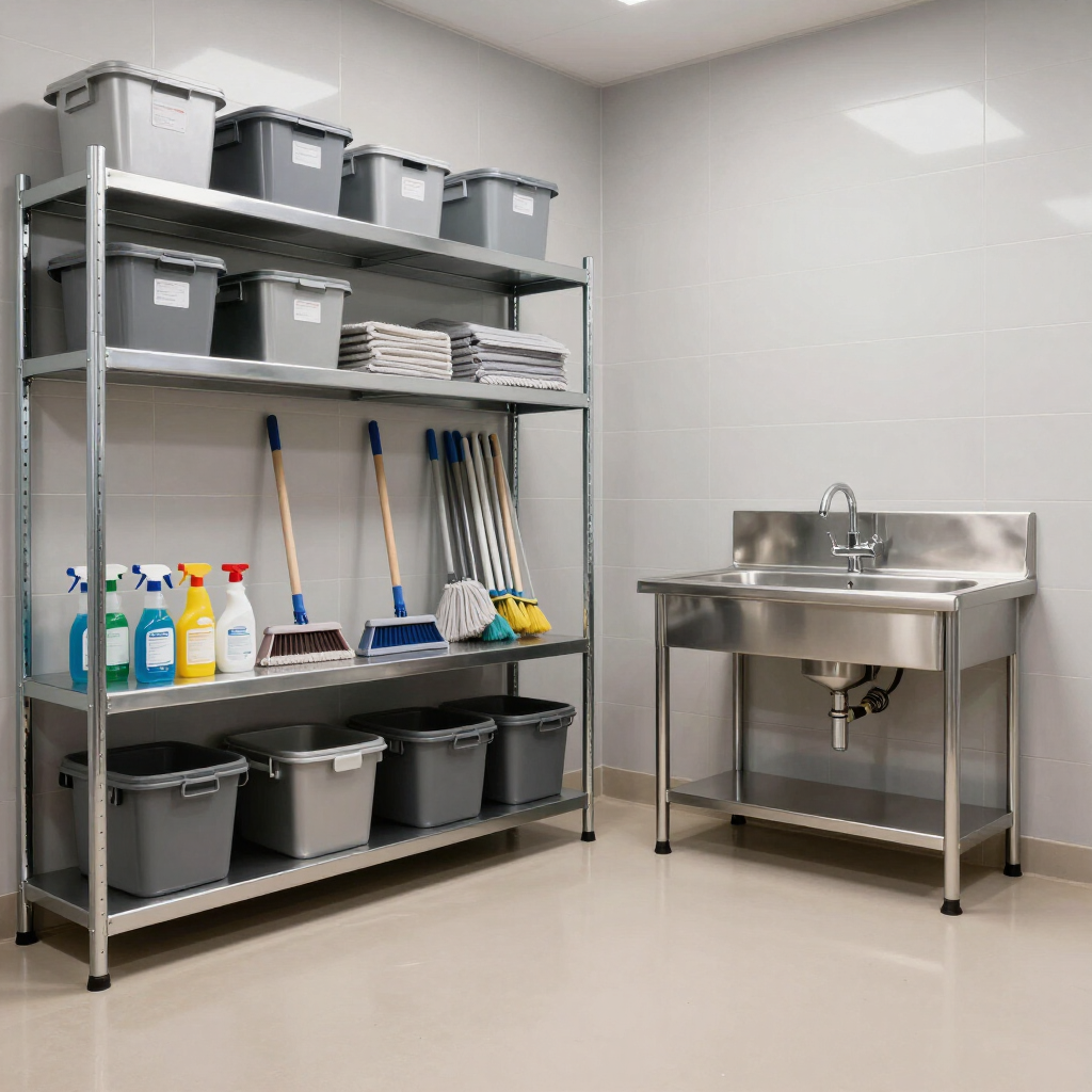 Commercial cleaning supply room with metal shelving, gray bins, and a stainless steel sink