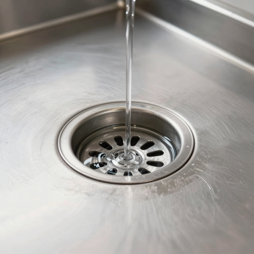 Water running into a stainless steel sink drain close-up