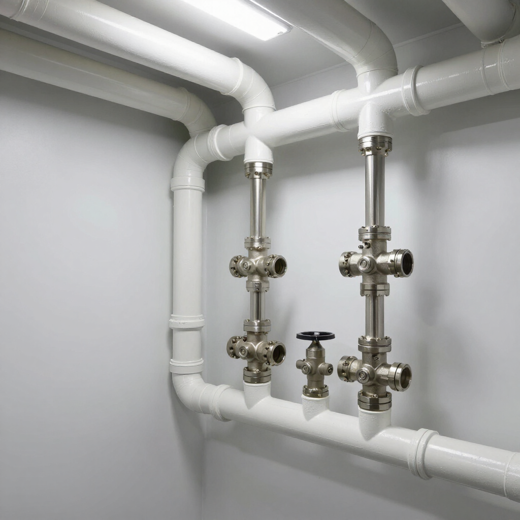 White industrial pipes and valves in a utility room with a central black handwheel valve. White industrial pipes and valves in a utility room with a central black handwheel valve.