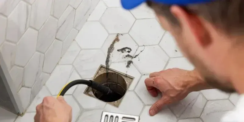 Plumber inspecting a wall pipe leak in a white tiled shower corner Plumber inspecting a wall pipe leak in a white tiled shower corner