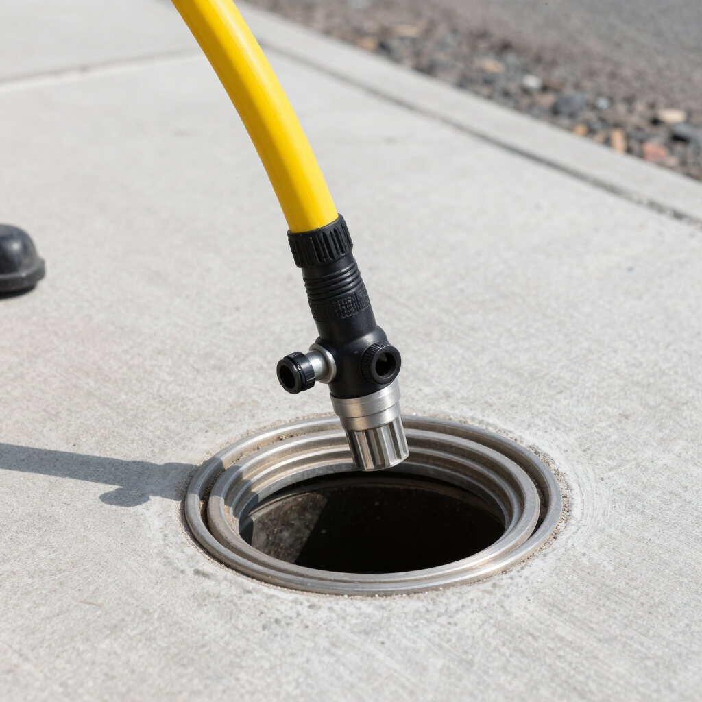 Yellow cable with a metal nozzle inserted into a round drain opening on a concrete surface Yellow cable with a metal nozzle inserted into a round drain opening on a concrete surface