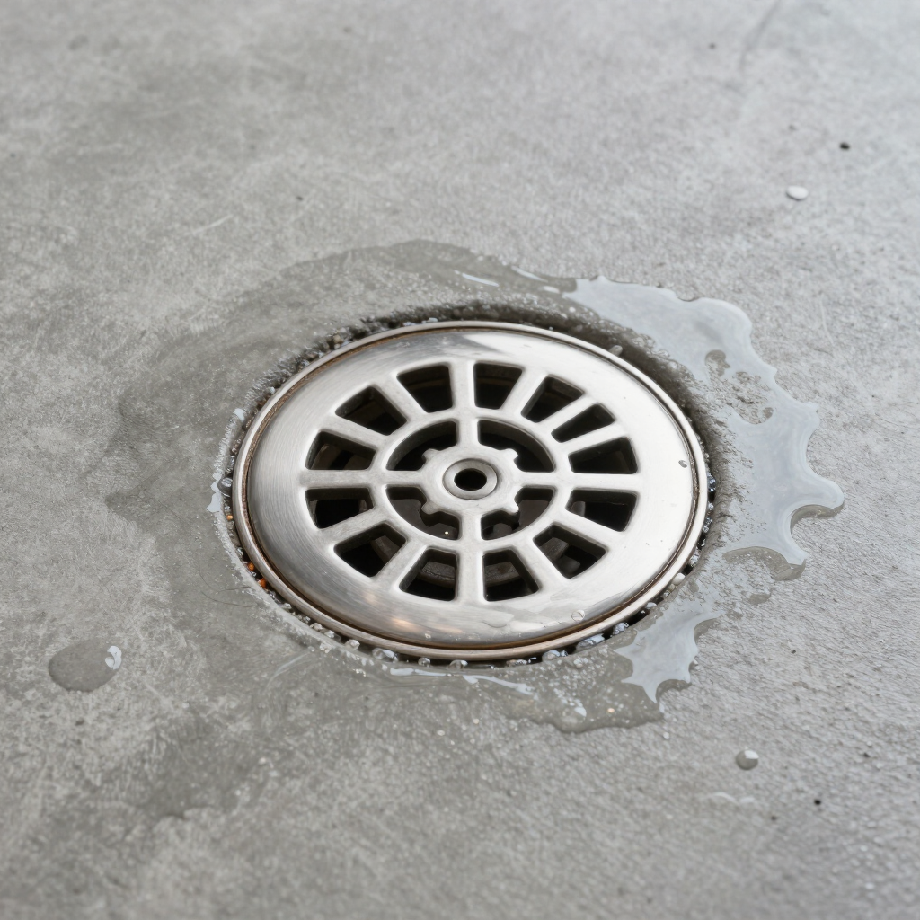 Round metal drain grate set into gray concrete with a small wet patch around it Round metal drain grate set into gray concrete with a small wet patch around it