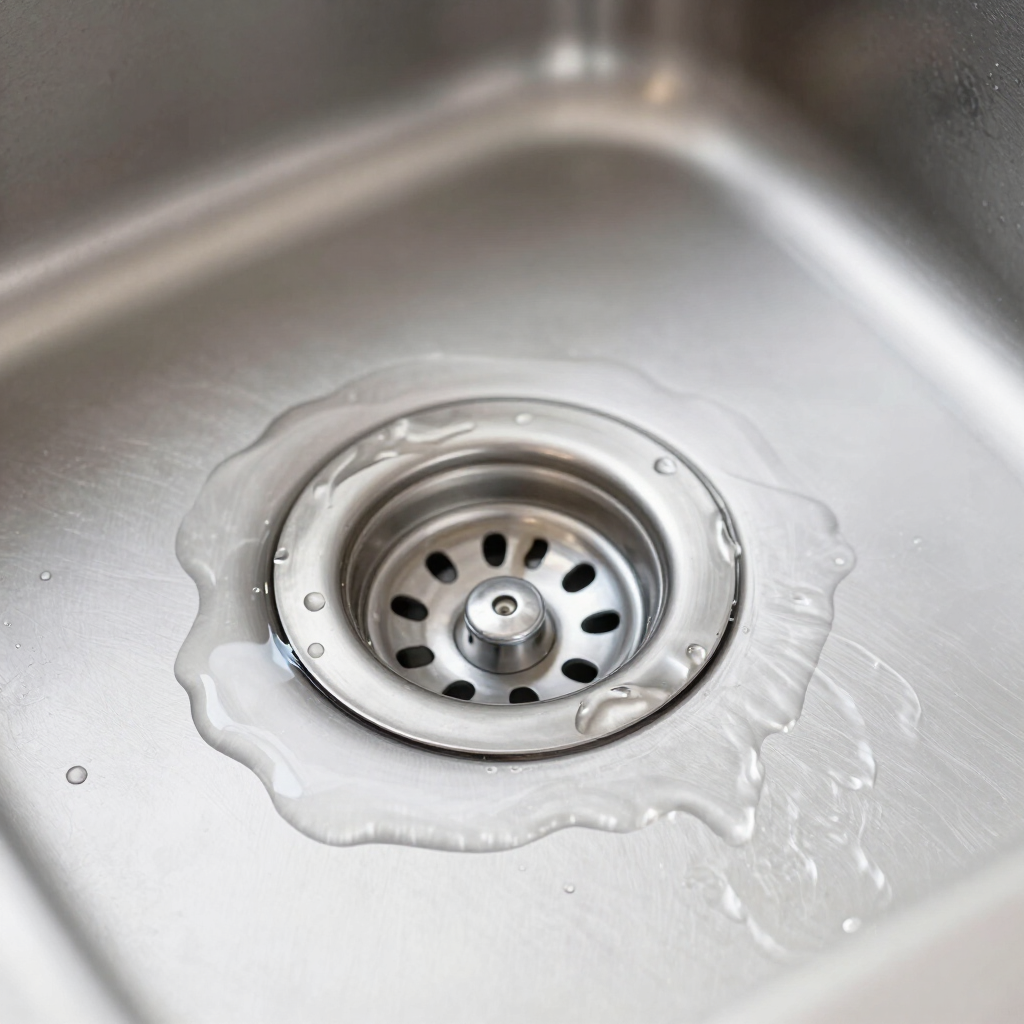 Stainless steel sink drain with water pooling around the strainer in a clean basin Stainless steel sink drain with water pooling around the strainer in a clean basin